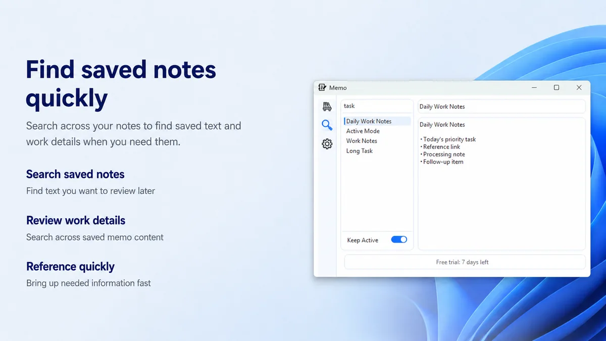 ActiveMemo search across saved notes