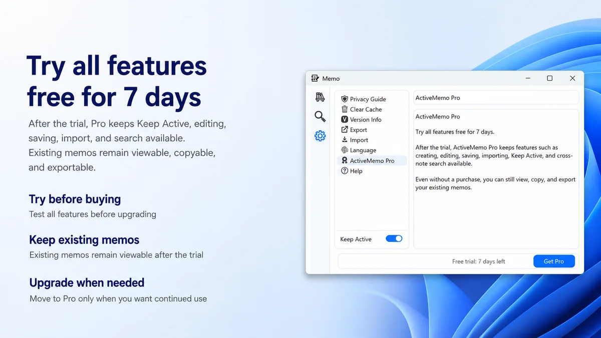 ActiveMemo 7-day free trial screen